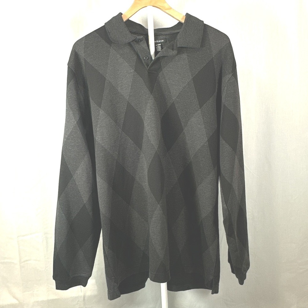 Van Heusen Mens XL Long Sleeve Polo Shirt Grey Argyle Diamond Knit Pullover